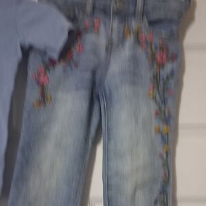 2 Pc Light Blue Denim Jeans with Floral Embroidery Sz 6 And Blue Top Sz 4-5